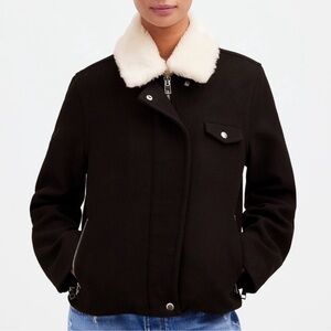 Madewell Dark Bomber Jacket with Soft White Collar